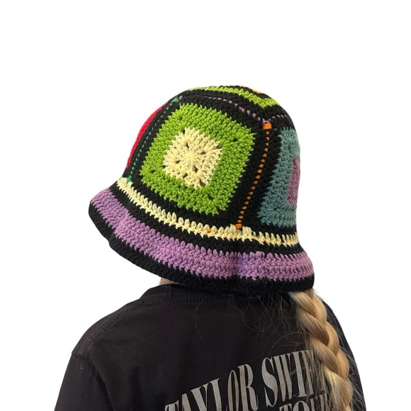 Vintage Granny Square Color Block Retro Hippie Hand Knit Bucket Beanie Hat - Picture 5 of 5
